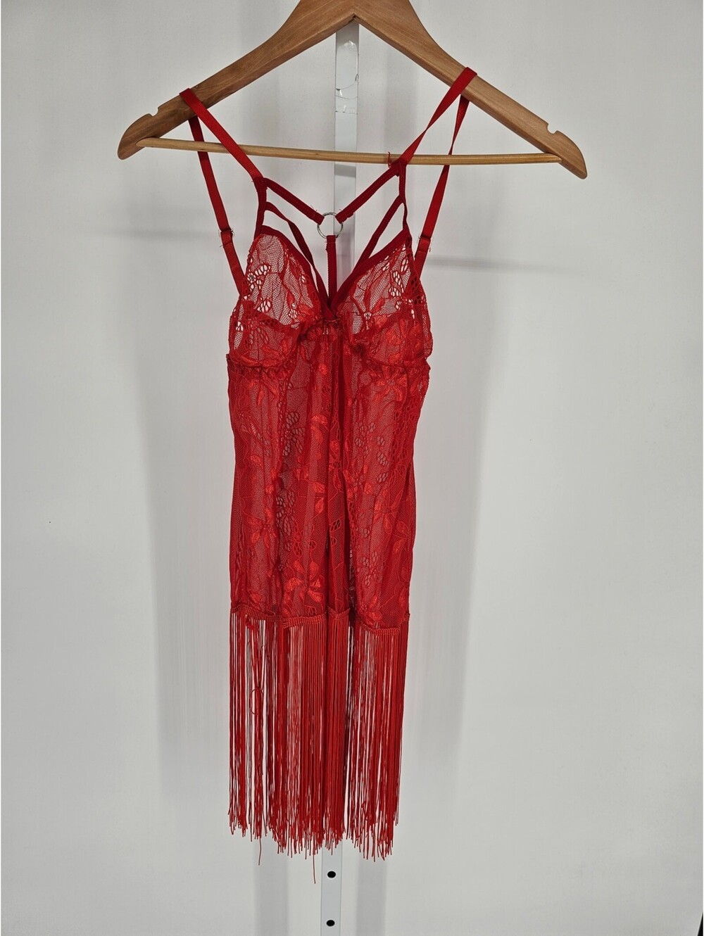 Vintage Y2K Womens Sz M Flapper Style Nightie Nightgown Red Lace Fringe Sheer